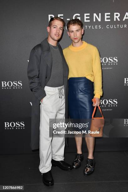 Peter Zurkuhlen and Tommy Dorfman arrives for the BOSS & VOGUE Italia Event at Hotel Viu Milan on February 21, 2020 in Milan, Italy.