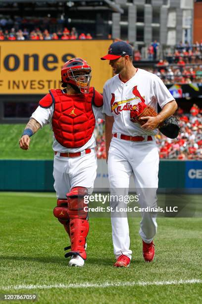 Adam Wainwright and Yadier Molina of the St. Louis Cardinals walk from the bullpen prior to the start of a game against the San Diego Padres on April...