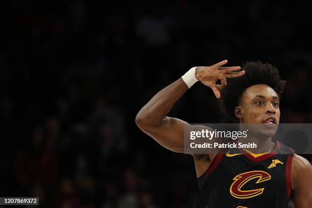 Collin Sexton of the Cleveland Cavaliers celebrates his three-pointer against the Washington Wizards during the second half at Capital One Arena on...