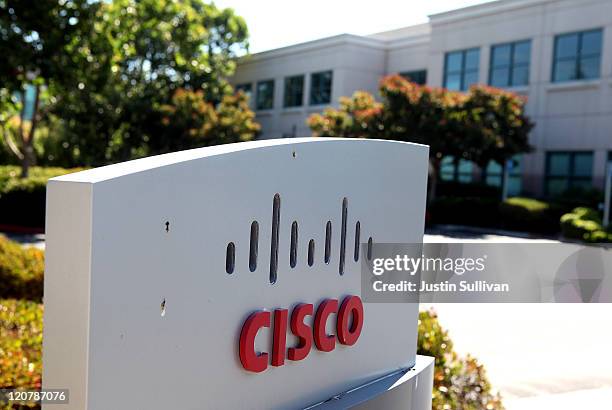 Sign is posted in front of the Cisco Systems headquarters on August 10, 2011 in San Jose, California. Cisco Systems reported better-than-expected...