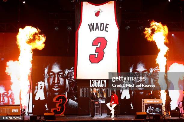 President Pat Riley of the Miami Heat reveals the retired jersey banner for former player Dwyane Wade during the Miami Heat Dwyane Wade L3GACY...
