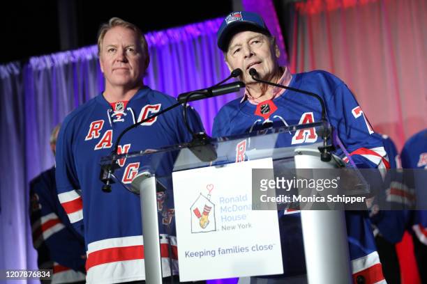 New York Rangers Alumni Rod Gilbert and Brian Leetch speak on stage during Ronald McDonald House New York's Skate With The Greats on February 21,...