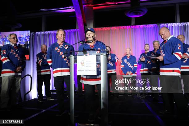 New York Rangers Alumni Rod Gilbert speaks on stage during Ronald McDonald House New York's Skate With The Greats on February 21, 2020 in New York...