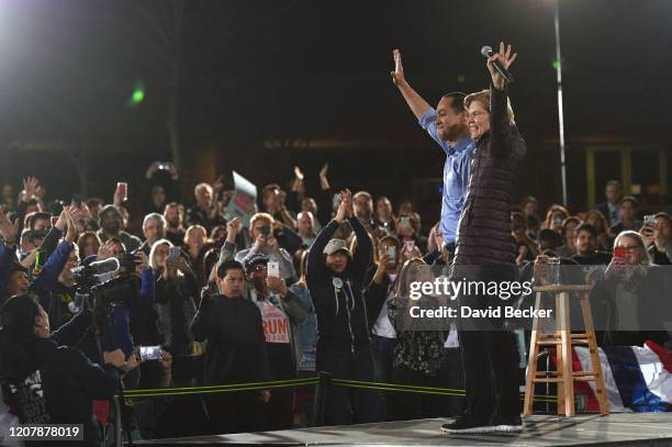 Former Housing and Urban Development Secretary Julian Castro introduces Democratic presidential candidate Sen. Elizabeth Warren at a Get Out The...