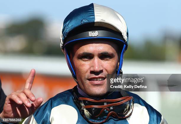 Jockey Michael Walker reacts after riding Tagaloa to win race 7 the Blue Diamond Stakes during Melbourne Racing at Caulfield Racecourse on February...