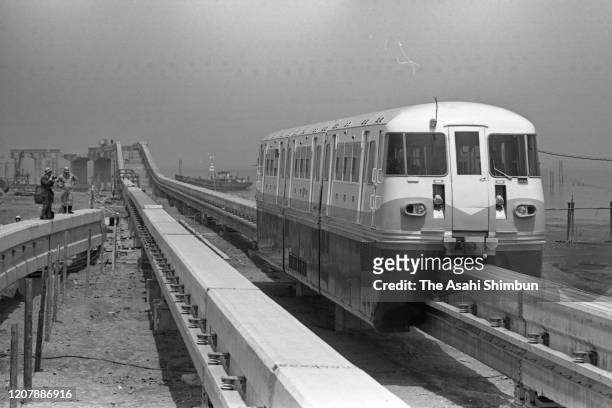 Test train of the Tokyo Monorail is seen on April 18, 1964 in Tokyo, Japan.