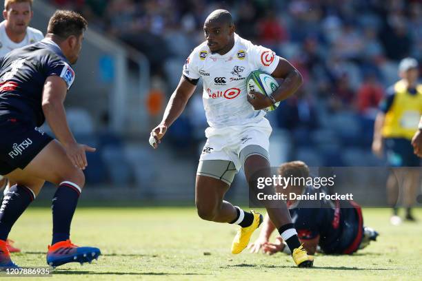 Makazole Mapimpi of the Sharks scores a try during the round four Super Rugby match between the Rebels and the Sharks at Mars Stadium on February 22,...