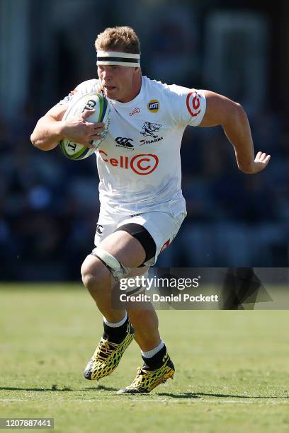 James Venter of the Sharks runs with the ball during the round four Super Rugby match between the Rebels and the Sharks at Mars Stadium on February...