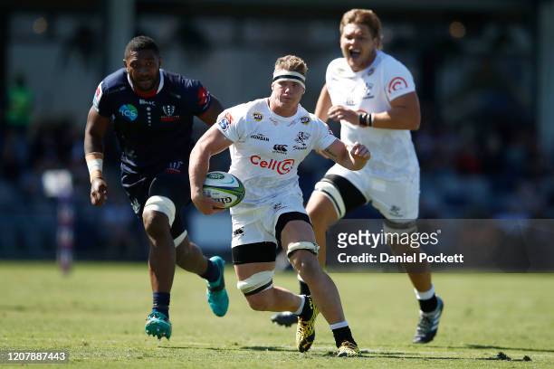James Venter of the Sharks runs with the ball during the round four Super Rugby match between the Rebels and the Sharks at Mars Stadium on February...