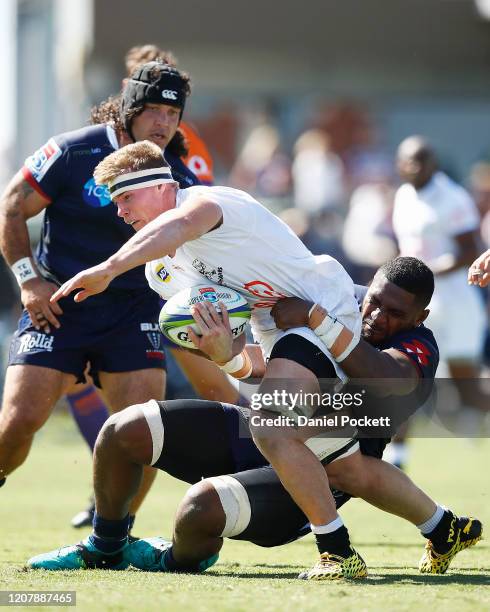 James Venter of the Sharks is tackled during the round four Super Rugby match between the Rebels and the Sharks at Mars Stadium on February 22, 2020...