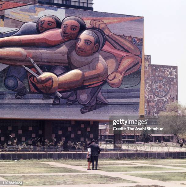 The mural by David Alfaro Siqueiros is seen at the National Autonomous University of Mexico on May 14, 1964 in Mexico City, Mexico.