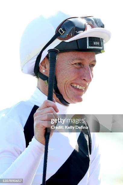 Jockey Linda Meech returns to scale on Pippie after winning race 8 the Oakleigh Plate during Melbourne Racing at Caulfield Racecourse on February 22,...