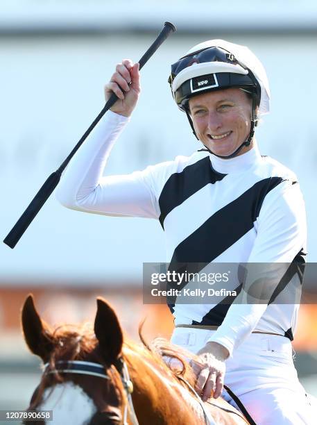 Jockey Linda Meech returns to scale on Pippie after winning race 8 the Oakleigh Plate during Melbourne Racing at Caulfield Racecourse on February 22,...