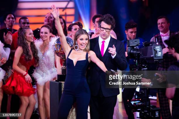 Victoria Swarovski and Daniel Hartwich are seen on stage during the pre-show "Wer tanzt mit wem? Die grosse Kennenlernshow" of the television...
