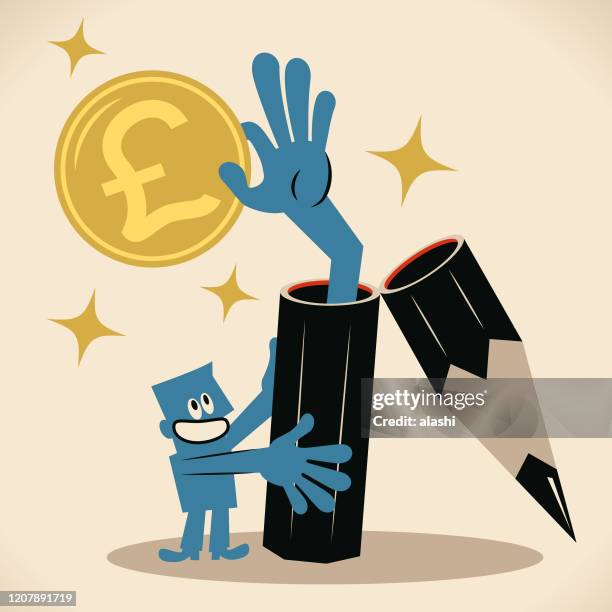 blue man (editor, writer) holds a big pencil that big hand comes out of it and giving him pound sign british currency money, concept of royalty, writing articles for magazines, journals or content-hungry businesses, advertorial - selling books stock illustrations