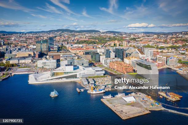 oslo norway harbor cityscape drone point of view - oslo stock pictures, royalty-free photos & images