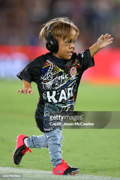 Quaden Bayles runs onto the field before the NRL match between the Indigenous All-Stars and the New Zealand Maori Kiwis All-Stars at Cbus Super...