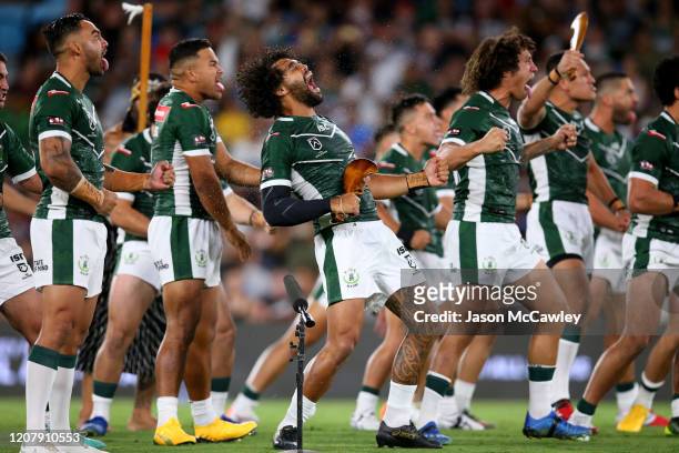 Adam Blair of the Maori All-Stars performs a war dance during the NRL match between the Indigenous All-Stars and the New Zealand Maori Kiwis...