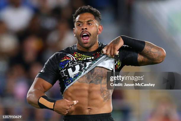 Josh Addo-Carr of the Indigenous All-Stars points to his tattoo before the NRL match between the Indigenous All-Stars and the New Zealand Maori Kiwis...