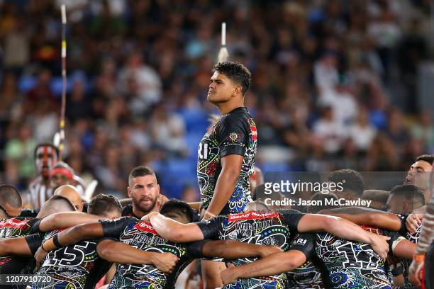 Latrell Mitchell of the Indigenous All-Stars performs an Indigenous dance during the NRL match between the Indigenous All-Stars and the New Zealand...