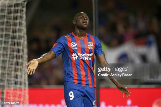 Abdiel Arroyo of the Newcastle Jets reacts to a VAR decision during the round 20 A-League match between the Newcastle Jets and the Melbourne Victory...