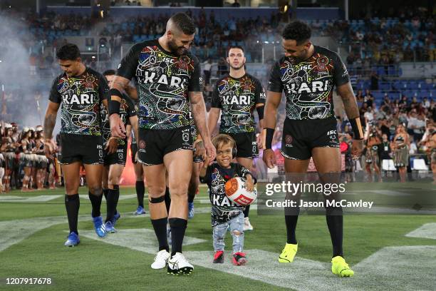 Quaden Bayles runs onto the field before the NRL match between the Indigenous All-Stars and the New Zealand Maori Kiwis All-Stars at Cbus Super...