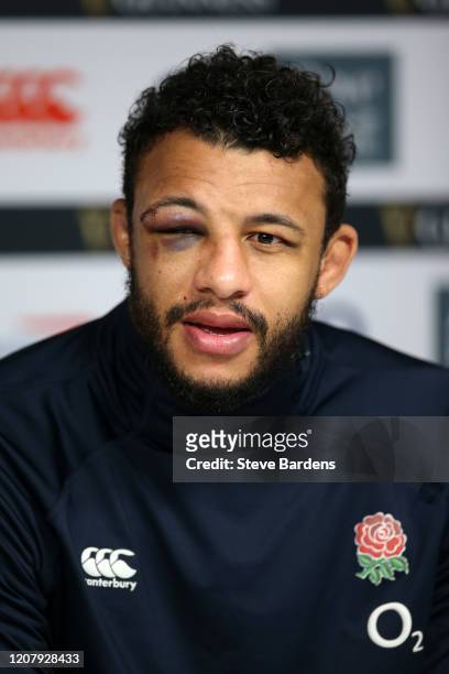 Courtney Lawes of England speaks to the media during the England Rugby Press Conference ahead of the Guinness Six Nations match between England and...