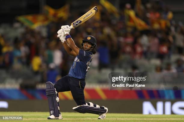 Chamari Athapaththu of Sri Lanka bats during the ICC Women's T20 Cricket World Cup match between New Zealand and Sri Lanka at the WACA on February...
