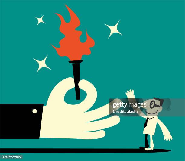 big hand giving a flaming torch to a businessman - passing sport stock illustrations