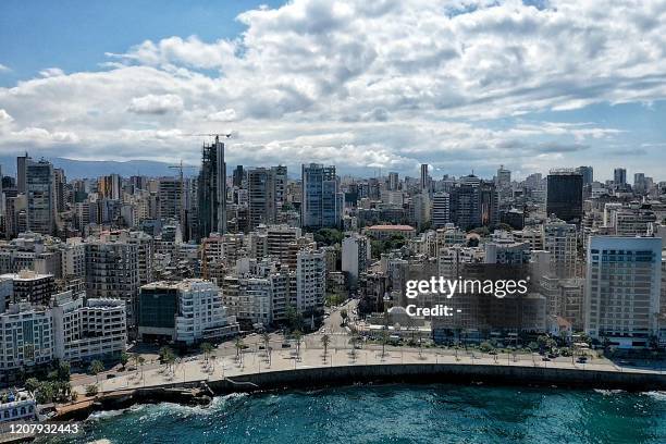 This picture taken on March 21, 2020 shows an aerial view of the portion of the road along the corniche of Lebanon's capital Beirut, as streets empty...