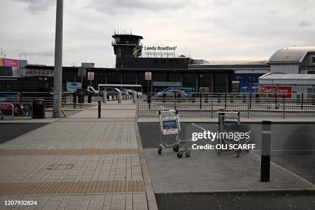 Near-deserted Leeds Bradford airport is pictured on March 21 as air travel grinds to a halt.