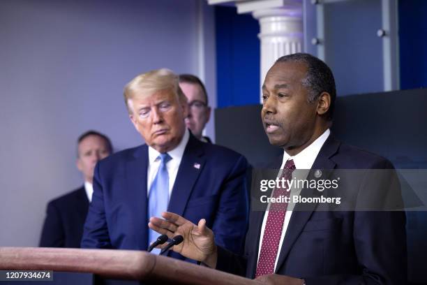 Ben Carson, secretary of Housing and Urban Development , right, speaks during a Coronavirus Task Force news conference in the briefing room of the...