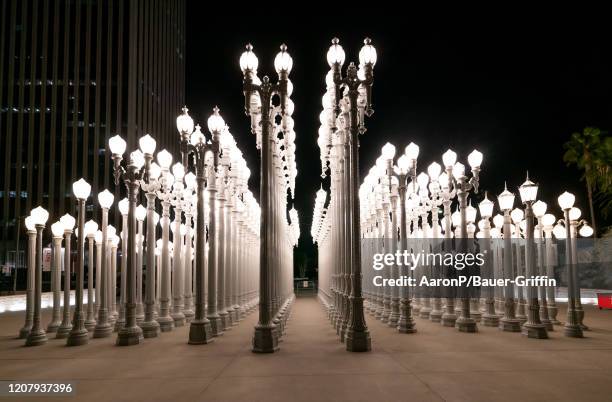 General view of the 'Urban Light' art installation at LACMA. Normally busy on Saturday nights with tourists, couples, and photographers, the...