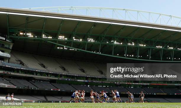 General view as empty stands are seen due to the coronavirus outbreak during the 2020 AFL Round 01 match between the North Melbourne Kangaroos and...