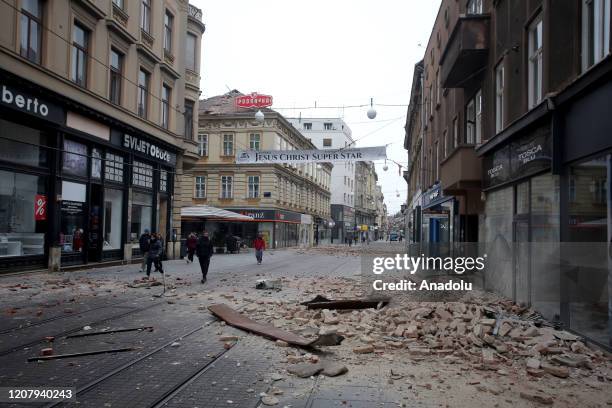 View of a damaged area after a 5.3 earthquake on March 22, 2020 in Zagreb, Croatia. A magnitude 5.3 earthquake struck the Croatian capital of Zagreb...