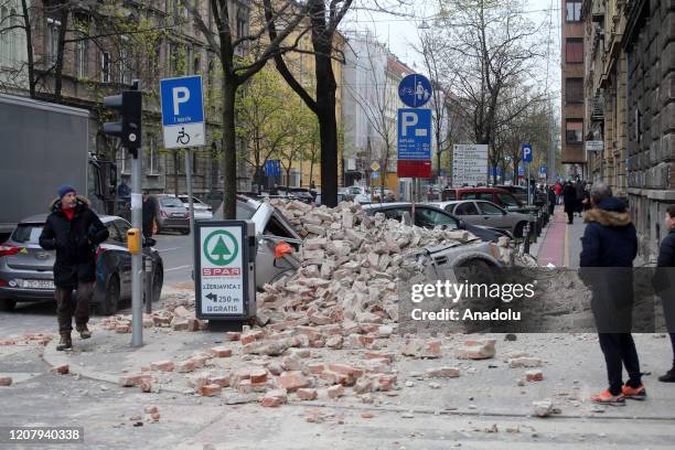 Building rubbles are seen on the pavement after 5.3 magnitude earthquake hit the country in Zagreb, Croatia on March 22, 2020. A magnitude 5.3...