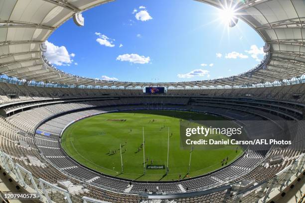 General view of the stadium during warmup before the first bounce during the 2020 AFL Round 01 match between the West Coast Eagles and the Melbourne...