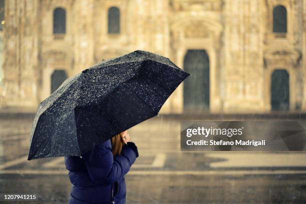 girl with heavy jogger in winter sheltering from snow and rain at night illuminated by lampposts with an umbrella - smeltende sneeuw stockfoto's en -beelden