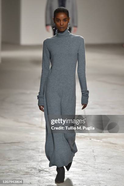 Model walks the runway during the Agnona fashion show as part of Milan Fashion Week Fall/Winter 2020-2021 on February 22, 2020 in Milan, Italy.