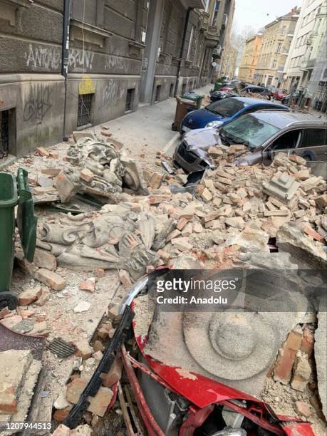 Debris, spread from buildings are seen in the ground after a 5.3 earthquake on March 22, 2020 in Zagreb, Croatia. A magnitude 5.3 earthquake struck...