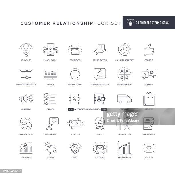 ilustraciones, imágenes clip art, dibujos animados e iconos de stock de iconos de línea de trazo editables de relación con el cliente - gestión de relaciones con el cliente
