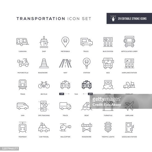 illustrazioni stock, clip art, cartoni animati e icone di tendenza di icone della linea del tratto modificabile per il trasporto - viraggio monocromo