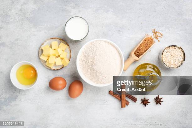 baking ingredients flat lay - wheat flour stock pictures, royalty-free photos & images