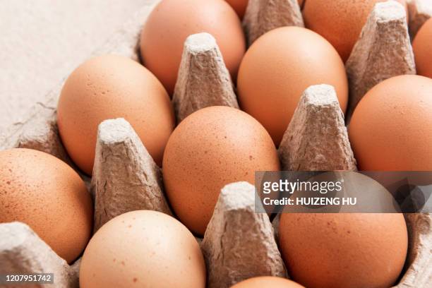 brown eggs in an egg box, close-up - uova foto e immagini stock