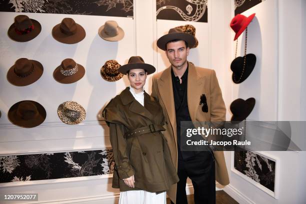 Beatrice Valli and Marco Fantini attend the Borsalino presentation as part of Milan Fashion Week Fall/Winter 2020-2021 on February 22, 2020 in Milan,...