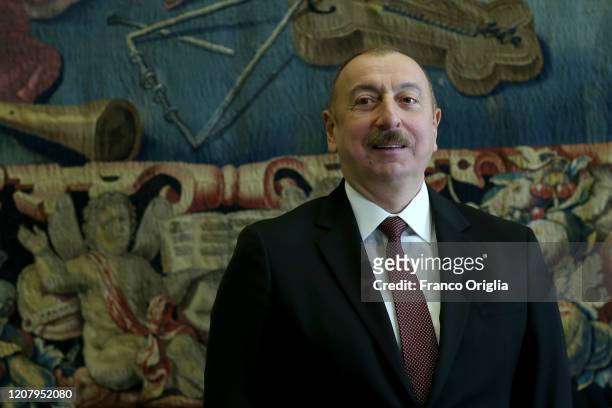 President of the Republic of Azerbaijan Ilam Aliyev attends an audience with Pope Francis at the Apostolic Palace on February 22, 2020 in Vatican...