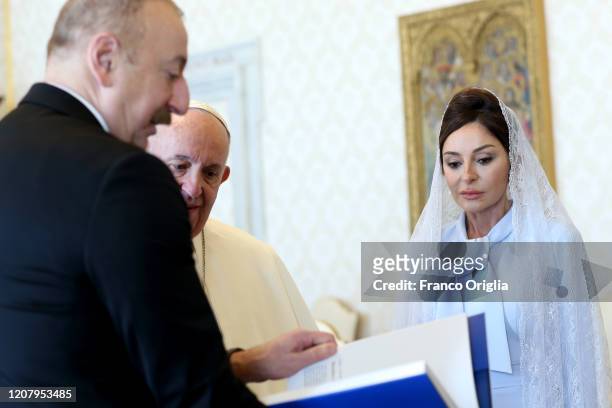 Pope Francis meets President of the Republic of Azerbaijan Ilam Aliyev and his wife First Lady and Vice-President Mehriban Aliyeva during an audience...