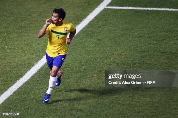 Dudu of Brazil celebrates his team's third goal during the FIFA U-20 World Cup 2011 round of 16 match between Brazil and Saudi Arabia at Estadio...