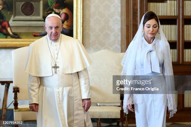 Pope Francis meets First Lady and Vice-President of the Republic of Azerbaijan Mehriban Aliyeva during an audience at the Apostolic Palace on...