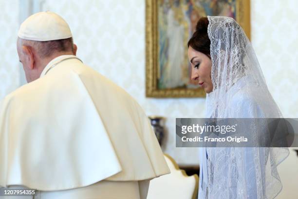 Pope Francis meets First Lady and Vice-President of the Republic of Azerbaijan Mehriban Aliyeva during an audience at the Apostolic Palace on...
